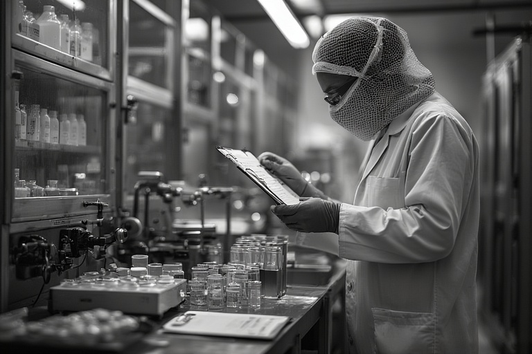 Food-safety lab technician inspecting samples