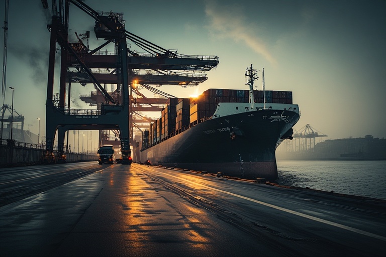 Container ship loading at dawn with cranes on port quay