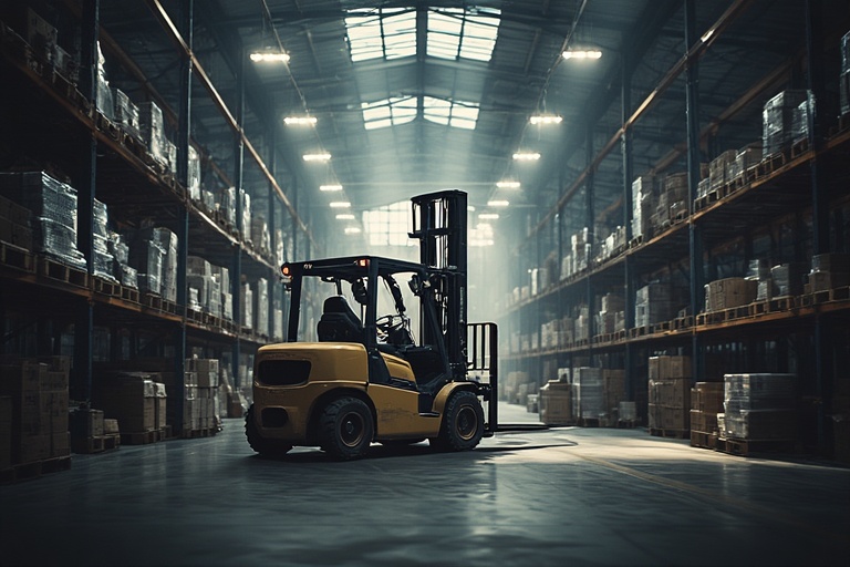 Forklift in modern warehouse aisle with pallet racks